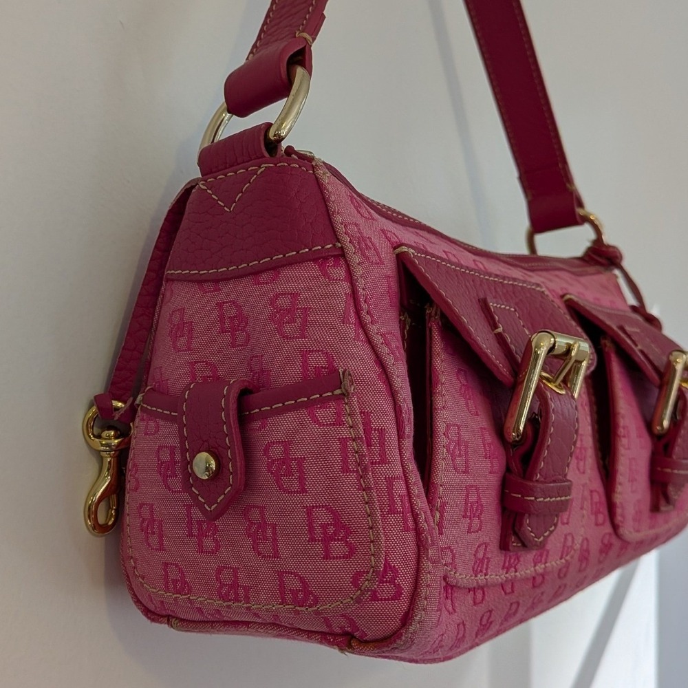 Vintage Dooney & Bourke Pink Y2K DB Monogram Canvas Leather Buckle Shoulder Bag - Picture 4 of 16